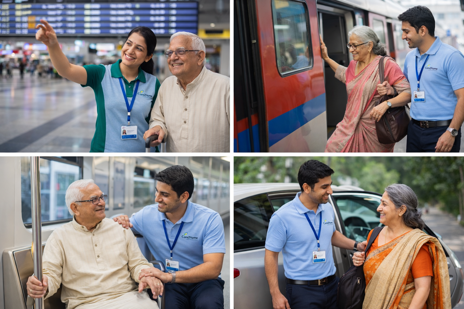 Care companion assisting elderly parent during travel